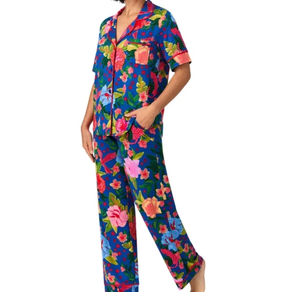 Room Service Aloha Flowers Notched Collar Stretchy Soft Pajamas PJ Set S - Picture 2 of 3